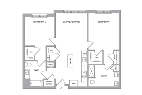 A floor plan of a two bedroom apartment with a living and dining area.